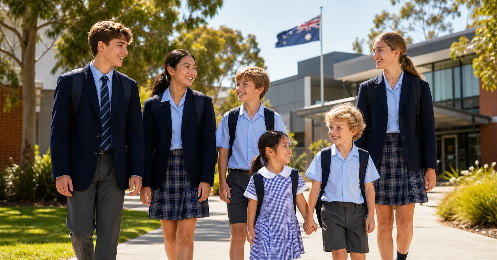 Diverse Australian students of different ages walking on a sunny school campus