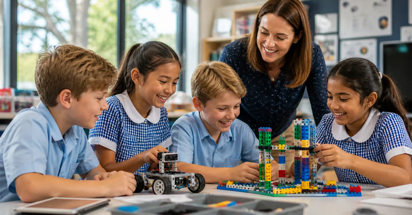 Diverse Australian primary school students engaged in a robotics STEM activity